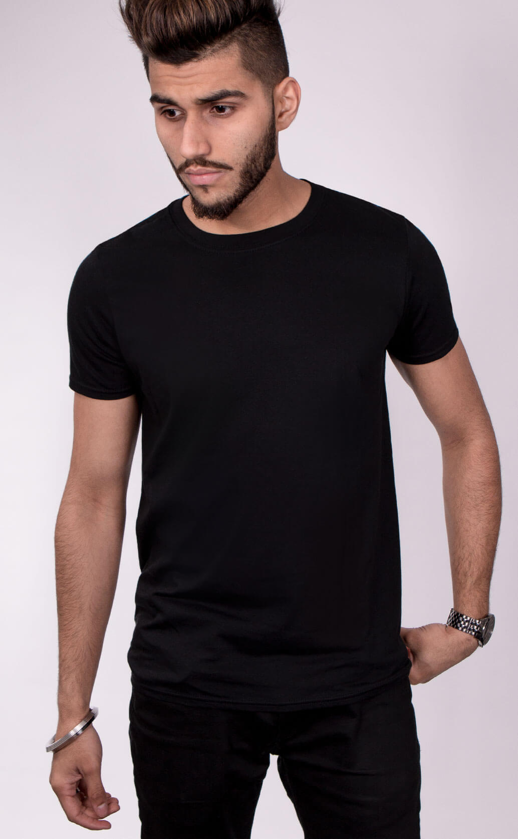 Size guide image for Mens Style Fit shirt type. Model is dressed in black