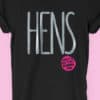 Image to buy product Hens Glitter Personalised Hen Party T Shirt. Large lettering in glitter silver print with subtext in fuchsia on a black t-shirt.