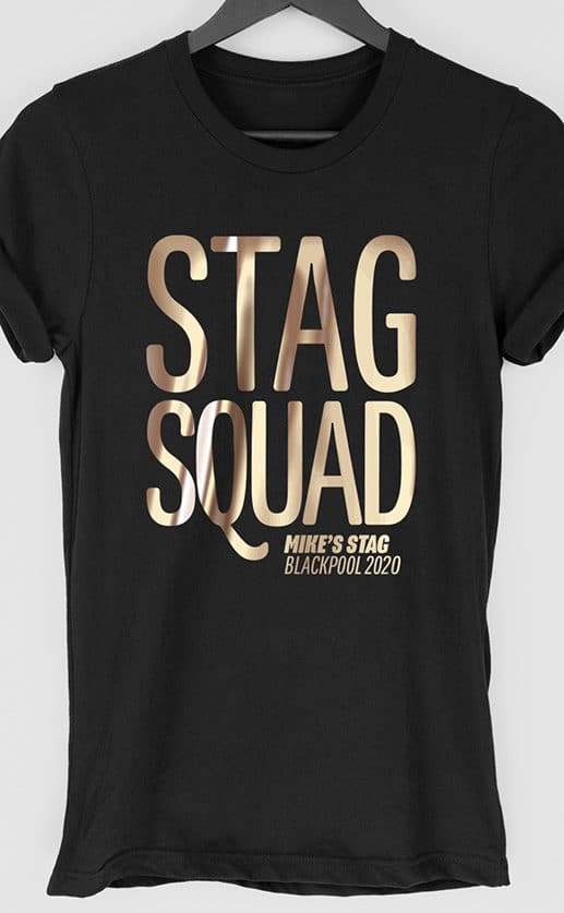 Large typographic design Stag Squad in foil gold print on black t shirt