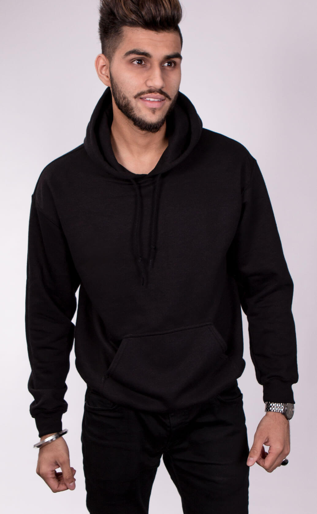 Size guide image for Unisex Hoodie mens shirt type. Model is male and dressed in black