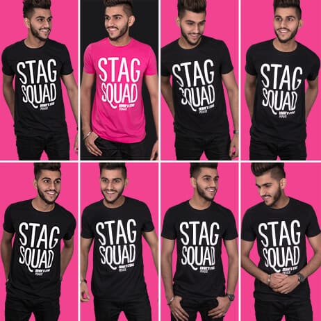 Multiple shots of models across two rows. The groom is in a fuchsia t shirt and the group are in black t-shirts. They all have ‘Stag Squad’ design printed in white on the front. Fuchsia pink background