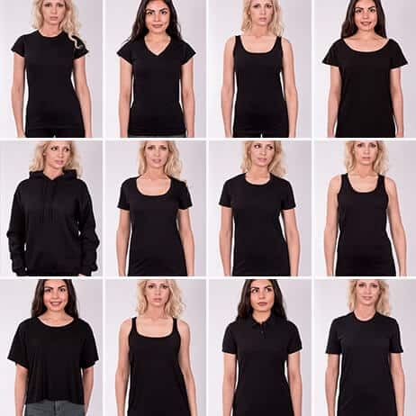 Divided into twelve sections each showing a model wearing a different shirt type. All are dressed in black. Top row from left to right show lady fit t shirt, v neck, thick strap vest and relaxed tee. Middle row displays unisex hoodie, scoop neck, lady casual t shirt and unisex vest. Bottom row includes flows boxy tee, relaxed vest, lady polo and unisex t shirt