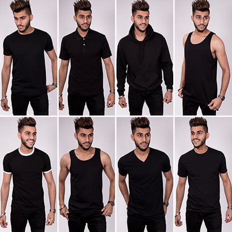 Divided into eight sections each showing a model wearing a different shirt type. All are dressed in black. Top row from left to right show style fit t shirt, polo, unisex hoodie and unisex vest. Bottom row includes ringer t shirt, mens vest top, v neck and mens casual t shirt