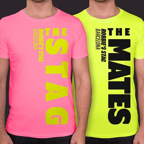 Shirt in the foreground is Stag Side design in neon yellow print on neon pink t shirt. Secondary t shirt is in neon yellow with The Mates design printed in black
