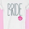 Image to buy product Bride Glitter Personalised Hen Party T Shirt. Large lettering in glitter silver print with subtext in fuchsia on a white t-shirt.