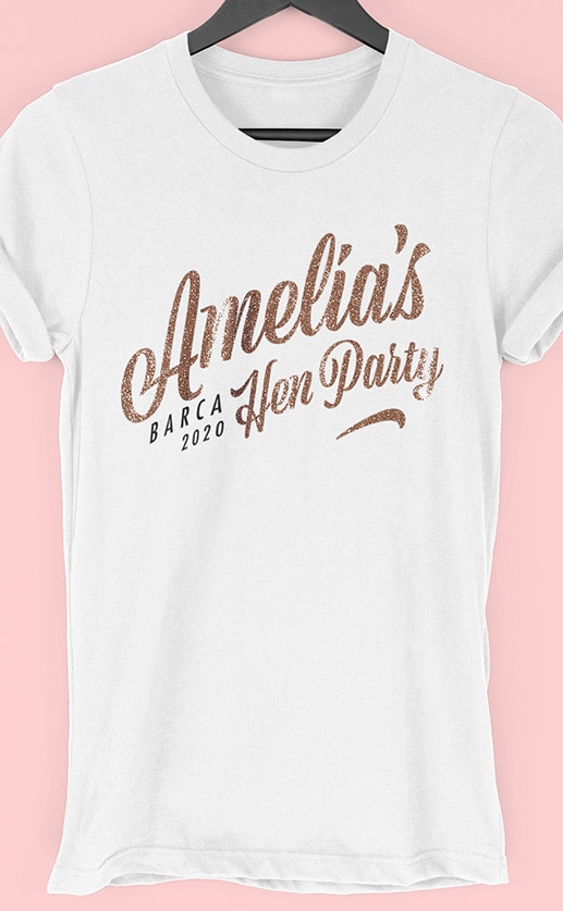 Image to buy product Burger Glitter Personalised Hen Party T Shirt. Script lettering in glitter rose gold print with subtext in white on a white t-shirt.