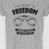 Graphic of handcuffs with large, bold Last Night of Freedom text above. Smaller personalised text underneath. Black print on a grey t-shirt