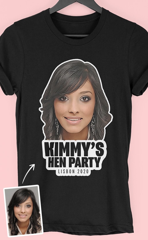 Image to buy product Head Paint PhotoWorks Personalised Hen Party T Shirt. A stylised photograph of a bride to be's face with bold text underneath in full colour on a black t-shirt.