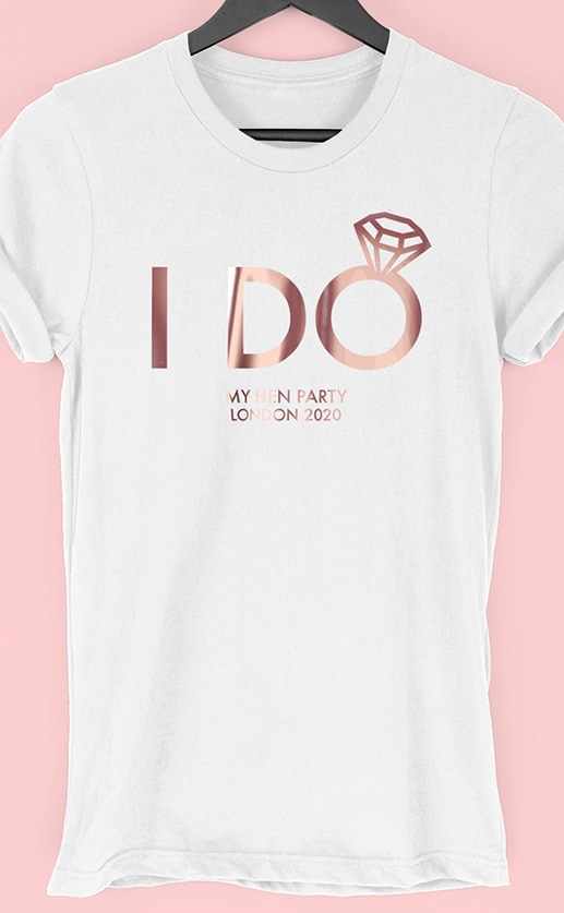 Image to buy product I Do Personalised Hen Party T Shirt. A bride's version of the design in bold lettering in gold print on a white lady fit t-shirt.