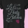 Image to buy product Let's Party Glitter Personalised Hen Party T Shirt. Script lettering in glitter silver print with subtext in fuchsia on a black t-shirt.