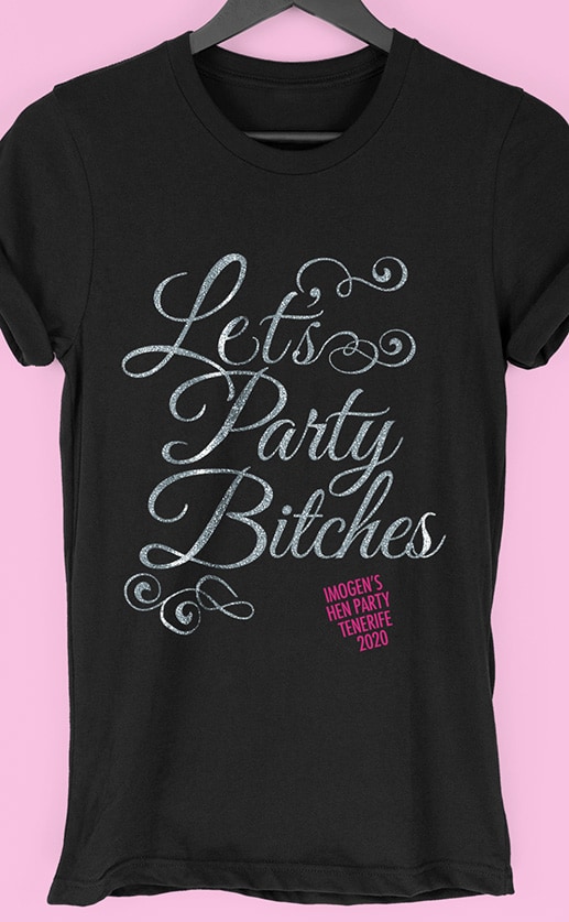 Image to buy product Let's Party Glitter Personalised Hen Party T Shirt. Script lettering in glitter silver print with subtext in fuchsia on a black t-shirt.