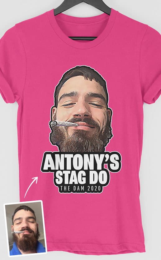Stylised photograph of a groom to be’s head with bold text underneath in full colour print on a neon pink t-shirt. Face is cropped out with beard and cigarette in mouth