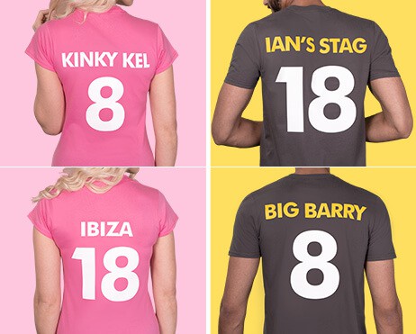 Left column shows examples of back names and numbers for hen party t shirts. Hen t shirts are pink with white extra print. Right side are back name and number extra print examples for stag t shirts. Charcoal shirts with yellow names and white numbers