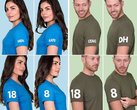 Left column shows sleeve prints on hen party t shirts including text and number examples. Hen shirts are sapphire blue with white extra print. Right side are sleeve print examples for stag t shirts. Military green shirts with white text or number prints
