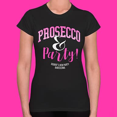 Prosecco & Party design in neon pink glitter print on black t shirt. Hot pink background colour